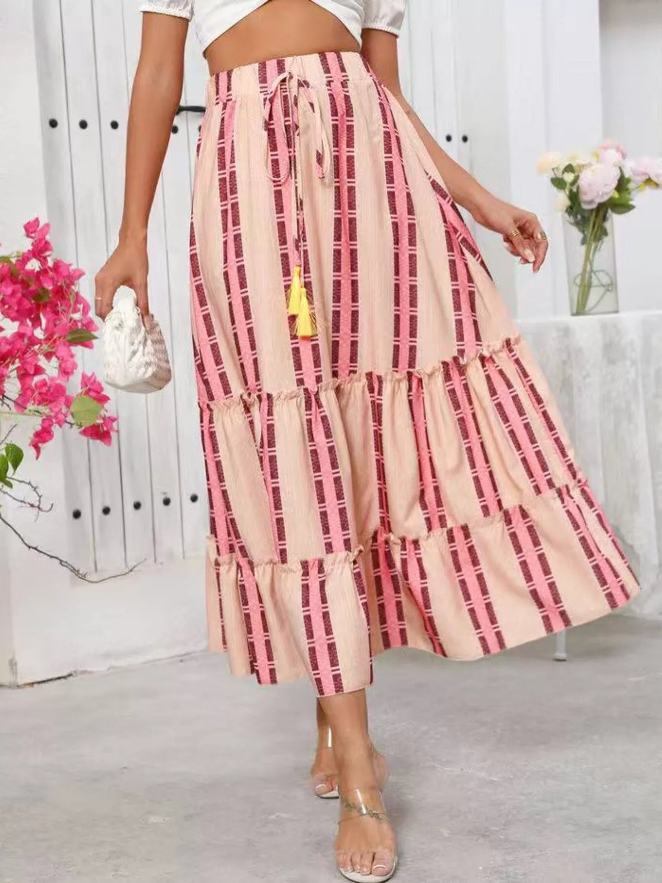 Women's tassel midi skirt in watermelon pink – frill tie-waist boho skirt, sizes S to XL
