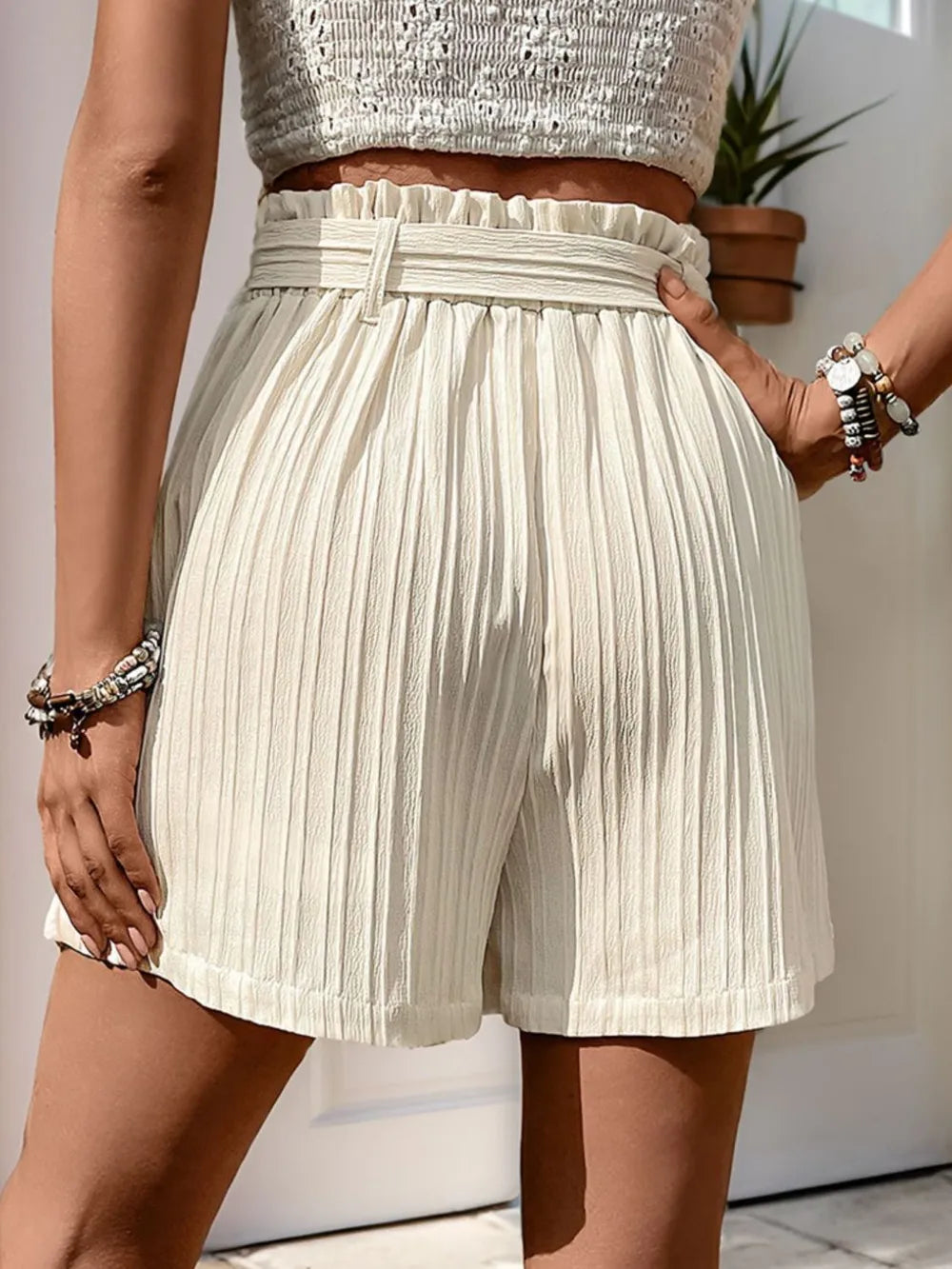 Perfee textured high waist shorts women beige pockets stretch waist casual
