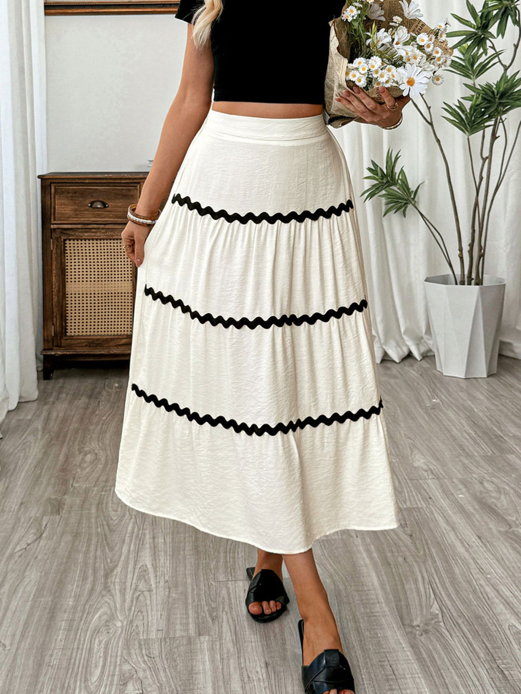 Tiered Flowy Midi Skirt in Beige – back view