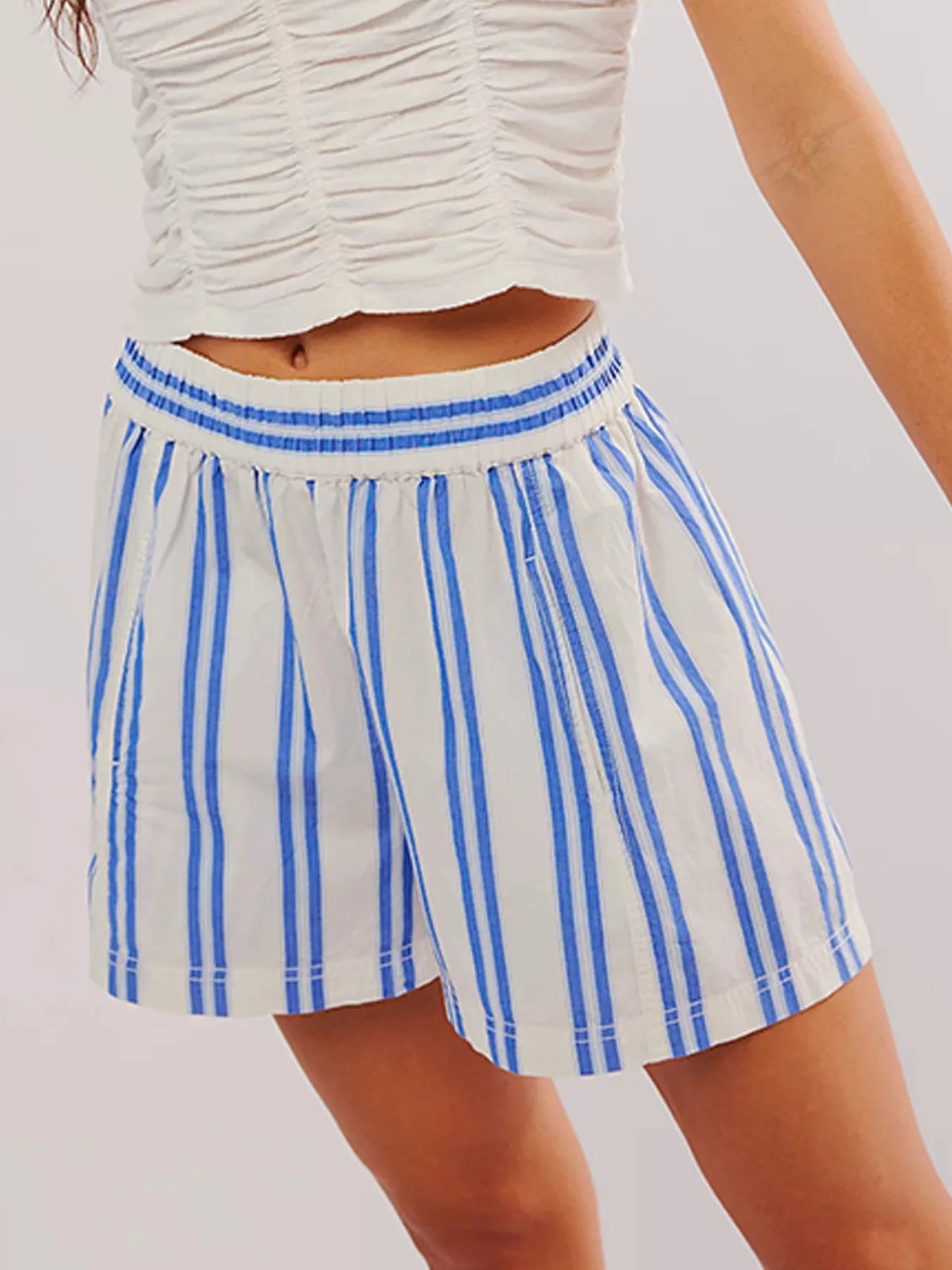 Striped high waist summer shorts women blue pocketed pull-on casual S-XL