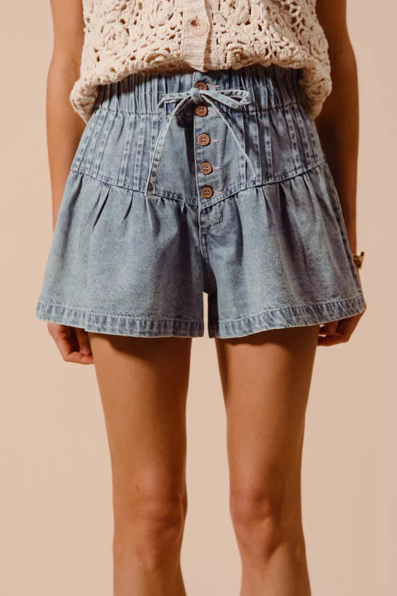 SO ME flared denim shorts women paperbag elasticized waist button drawstring
