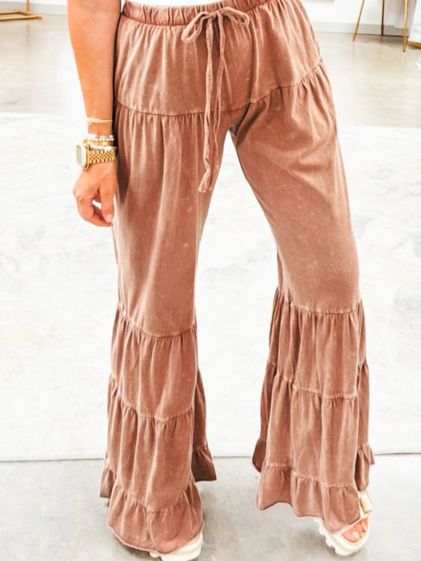 Women's ruffle hem flare pants caramel wide leg drawstring waist date night