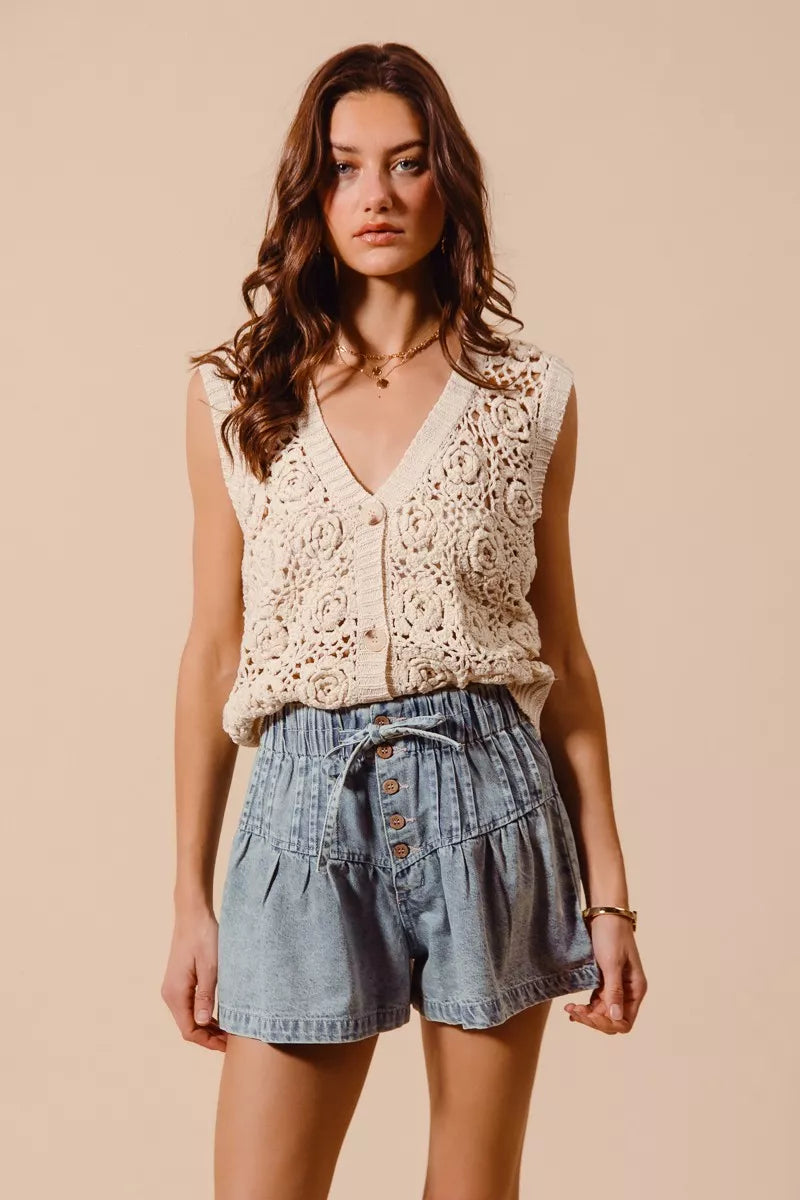 Flared paperbag waist denim shorts women drawstring washed retro summer