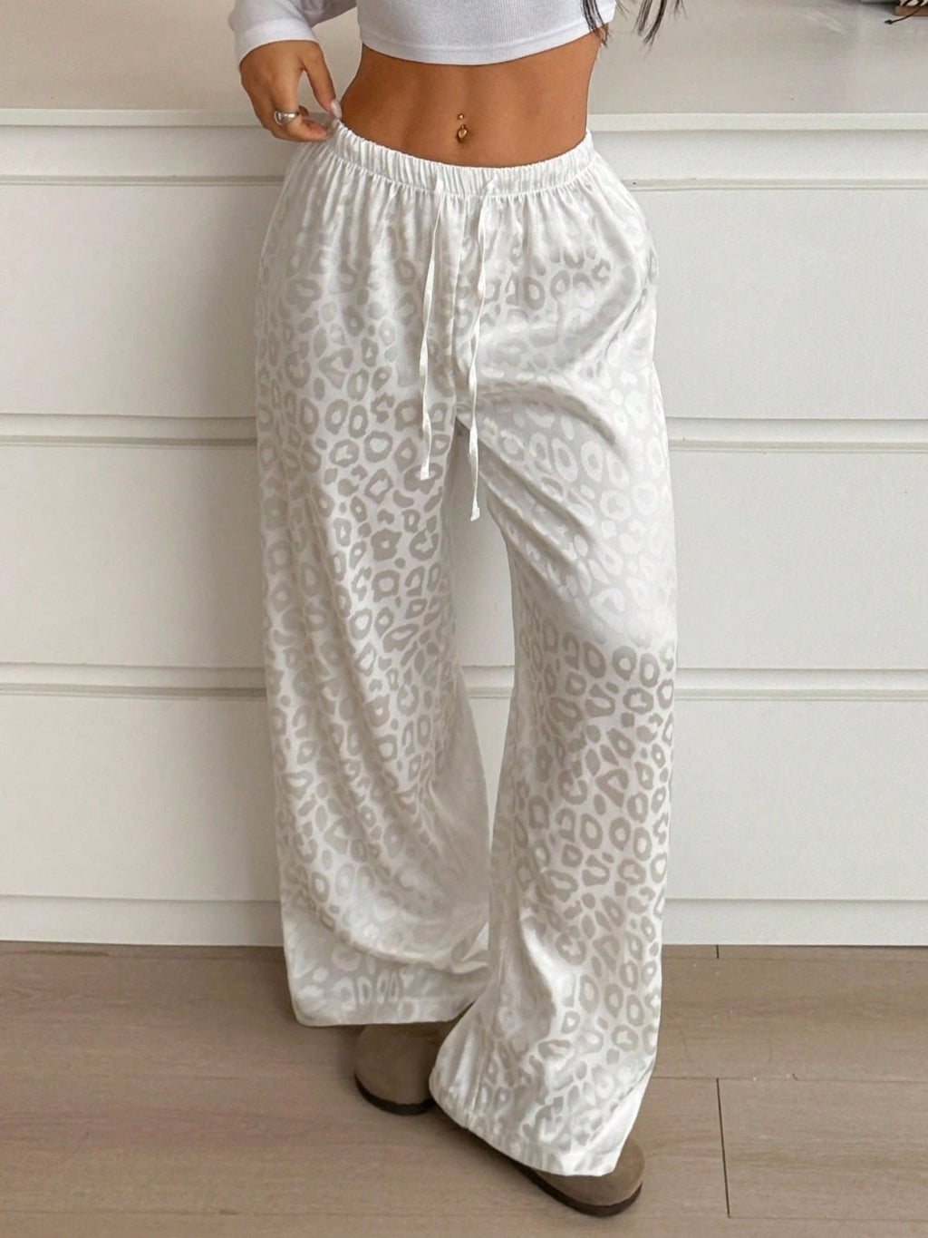 Leopard print drawstring pants women wide leg white casual athleisure travel