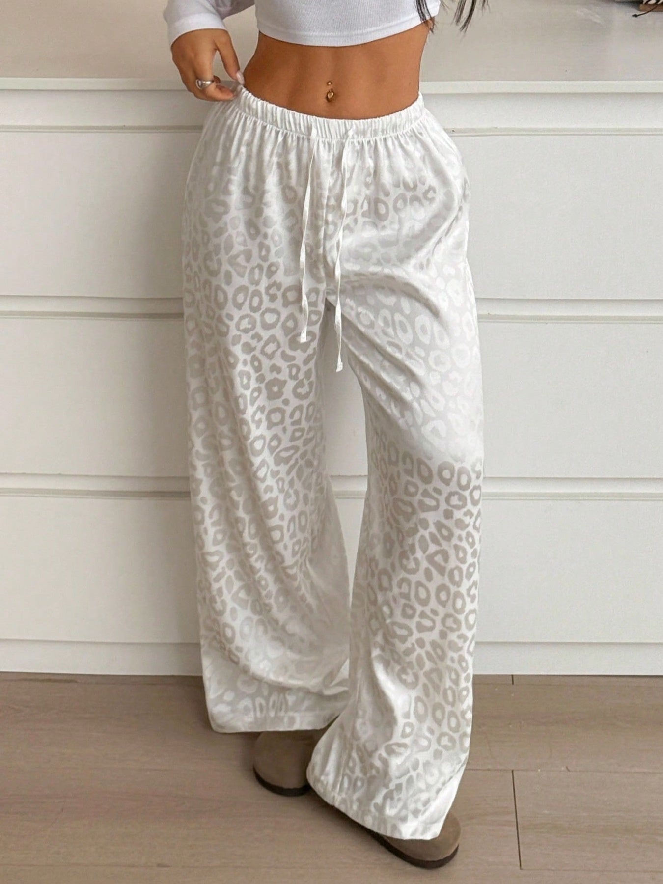 Leopard print drawstring pants women wide leg white casual athleisure travel