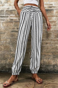 Striped Elastic Waist Boho Pants in Black & White Stripe – front view, relaxed drawstring wide-leg silhouette