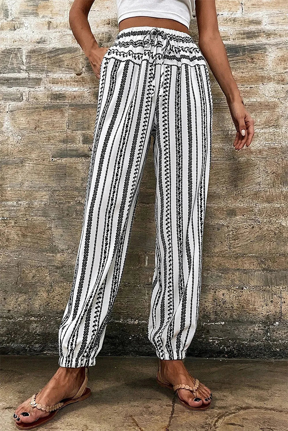 Striped Elastic Waist Boho Pants in Black & White Stripe – front view, relaxed drawstring wide-leg silhouette
