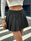 Women's black tied striped pleated mini skirt with tie waist – opaque pleated skirt, sizes S to XL