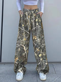 Camo print drawstring pants women green relaxed fit pocketed lounge trousers front