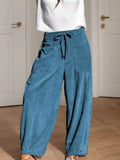 Corduroy Wide Leg Pants with Pockets in Blue – front view, high-rise drawstring wide-leg silhouette