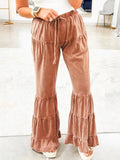 Ruffle flare pants women caramel drawstring waist wide leg ruffle hem front view
