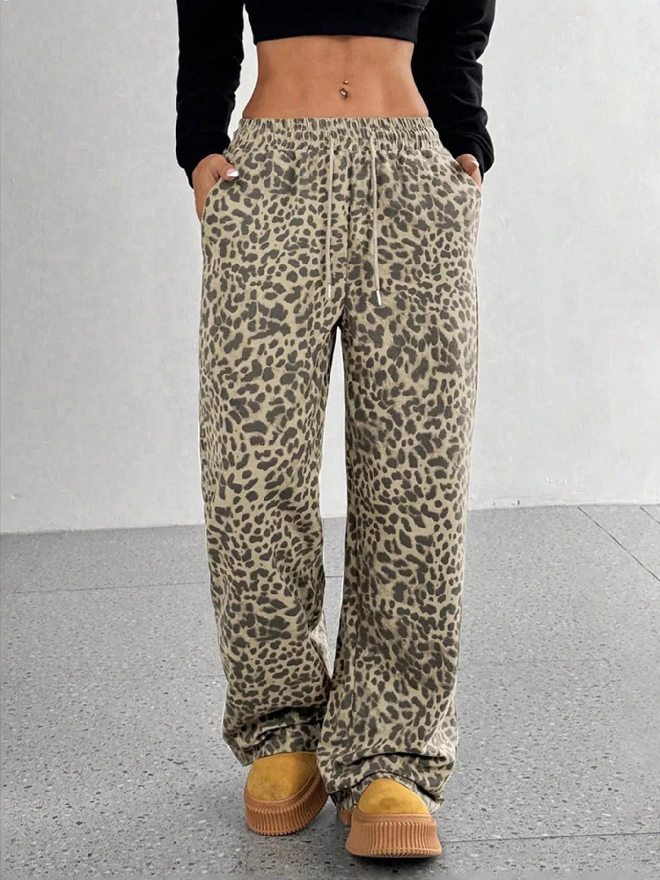 Khaki wide leg lounge pants women drawstring waist plus size S-3XL relaxed fit