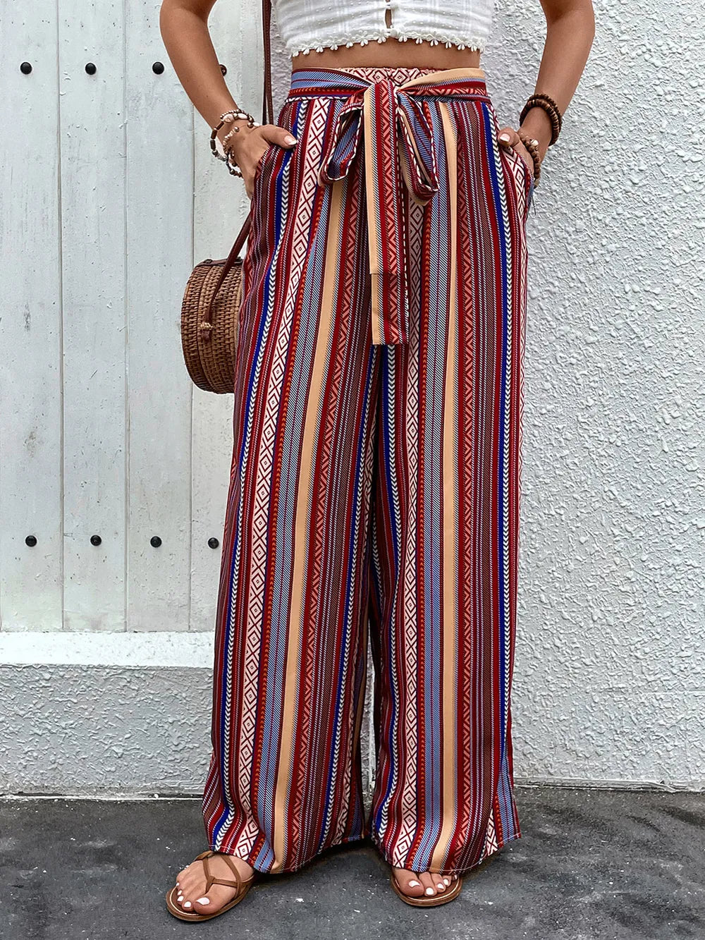 Geometric wide leg pants women rust tie waist flowy trousers front view