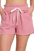 Double gauze smocked drawstring shorts women light rose pocketed cotton front
