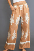 Women's mocha border print wide leg pants – pocketed viscose blend trousers, sizes S to 2XL