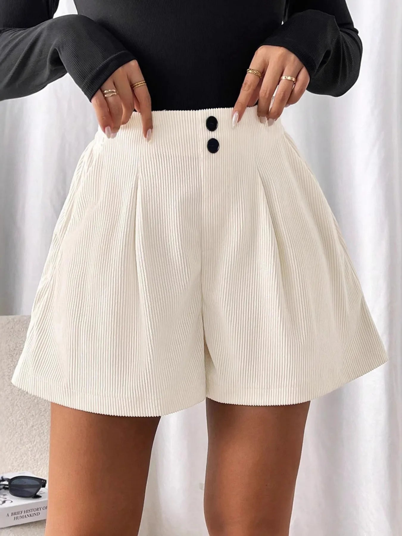 High waist corduroy shorts women white pocketed button detail front view