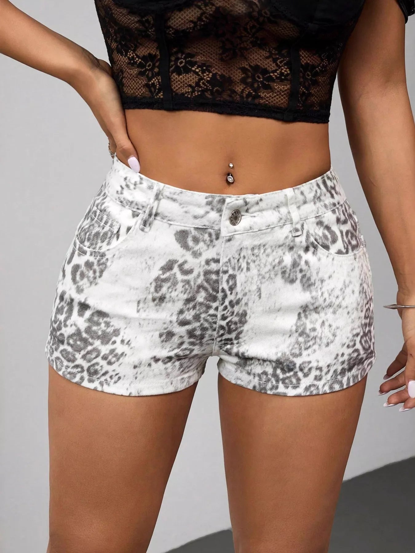 Women's leopard print jean shorts white high waist slightly stretchy summer