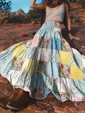 Women's red smocked waist printed maxi skirt – tiered pocketed boho skirt, sizes S to 2XL