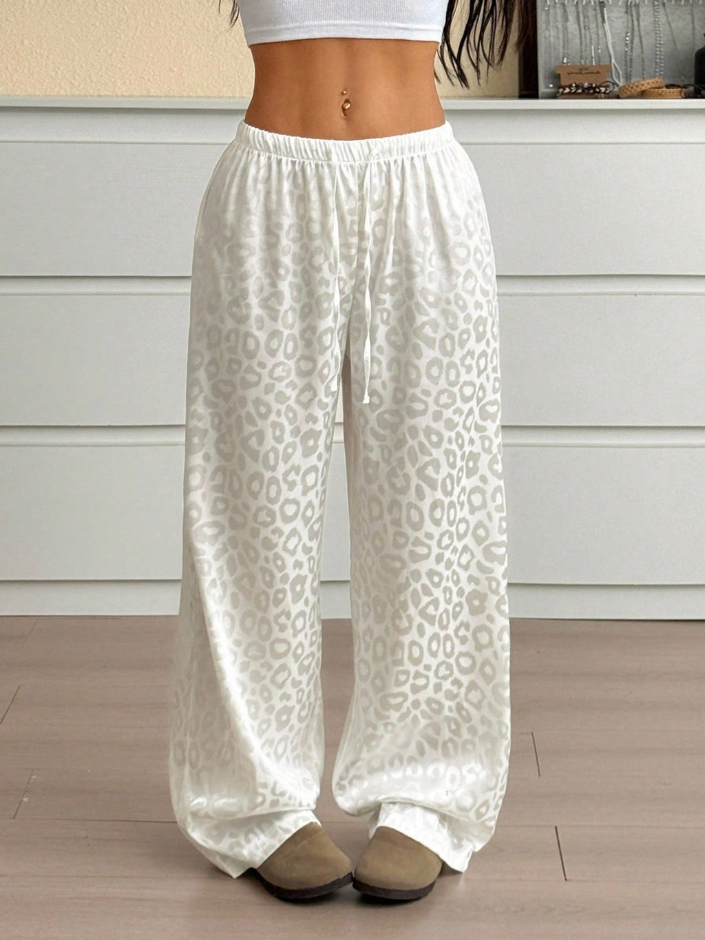 Leopard print wide leg lounge pants women white drawstring waist front view