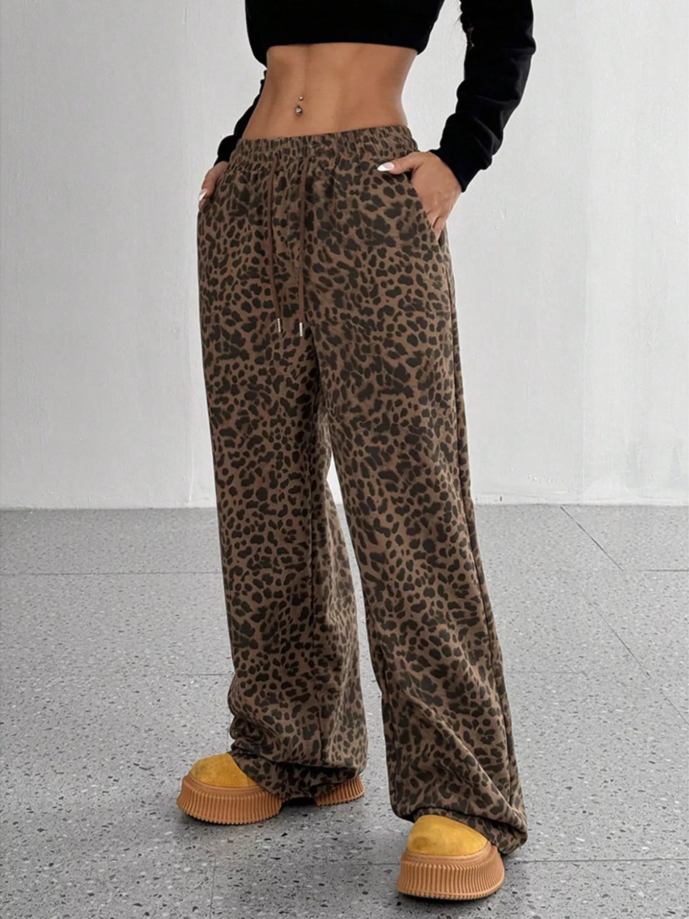 Chocolate wide leg pants women leopard print drawstring plus size casual