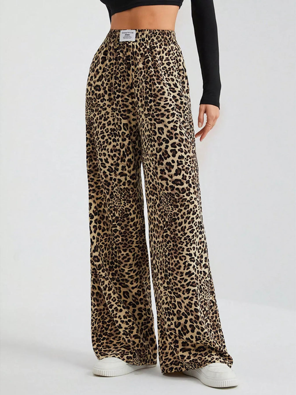 Leopard print wide leg pants women drawstring waist plus size S-3XL lounge