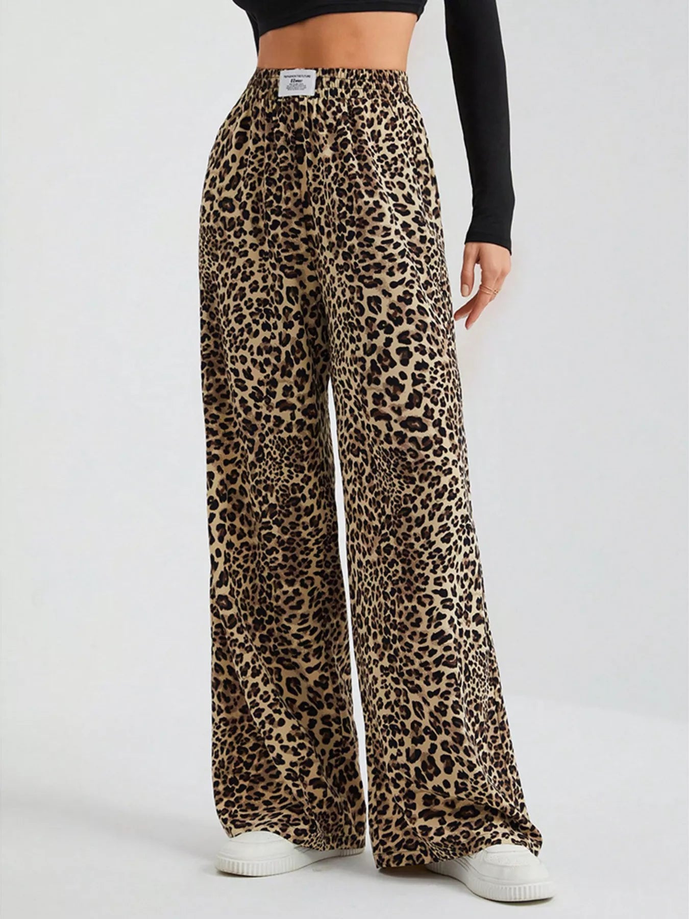 Leopard print wide leg pants women drawstring waist plus size S-3XL lounge
