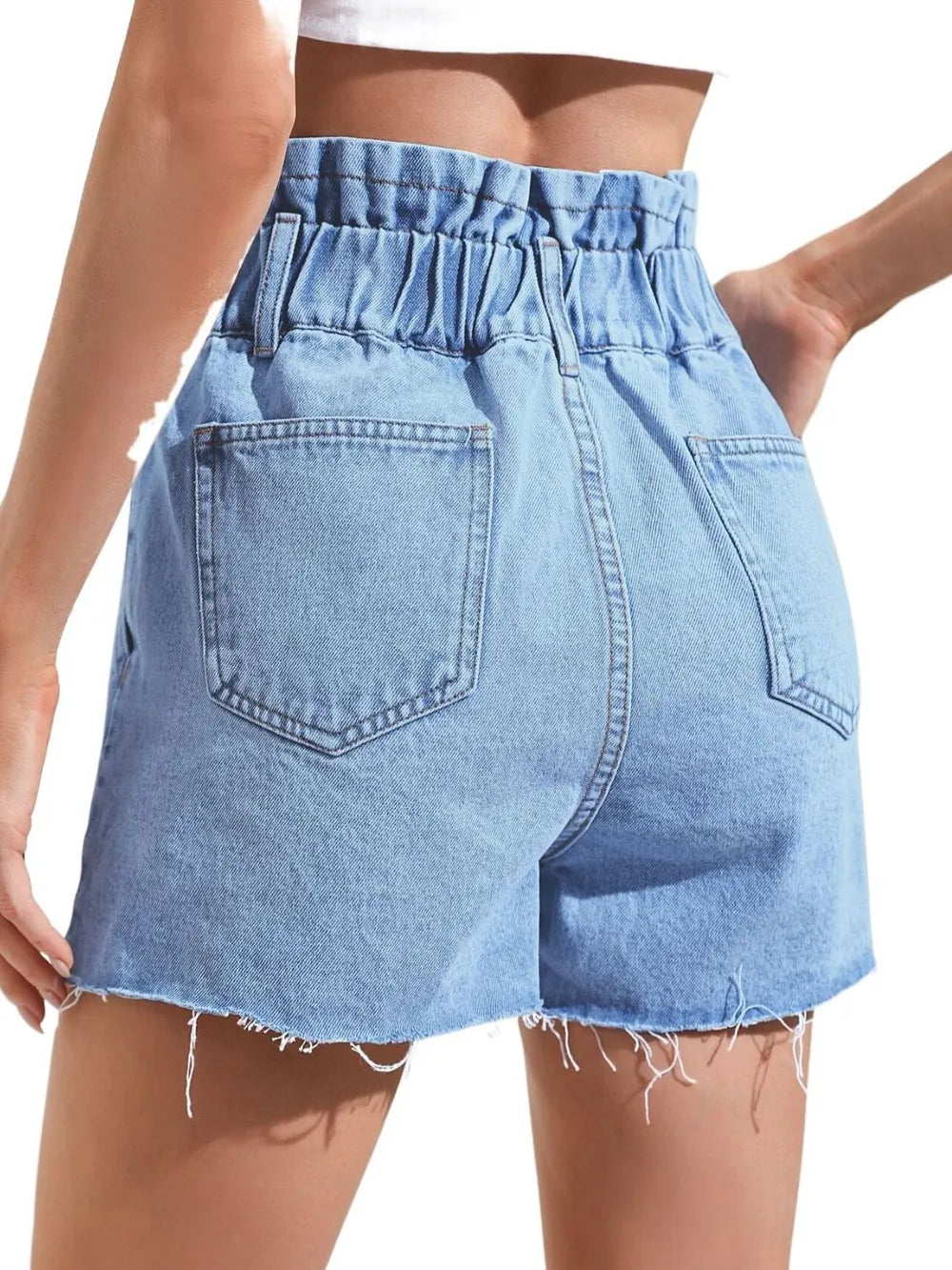 Women's raw hem jean shorts medium wash button closure pockets summer casual