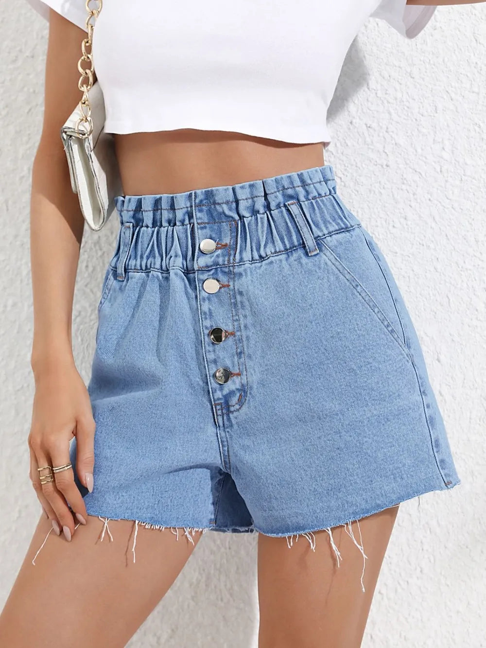 Medium wash denim shorts women raw hem button pockets M-XL beach festival