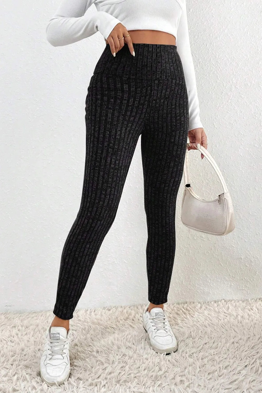 Women's ribbed high waist leggings black opaque moderate stretch gym yoga pilates