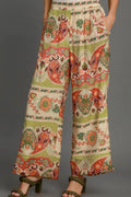 Wide Leg Border Print Pants in Green Mix – front view, flowy viscose wide-leg silhouette with border print
