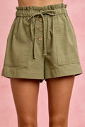 Paperbag twill shorts women olive patch pocket drawstring button front view