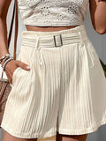 Textured high waist shorts women beige pocketed stretch waist opaque front