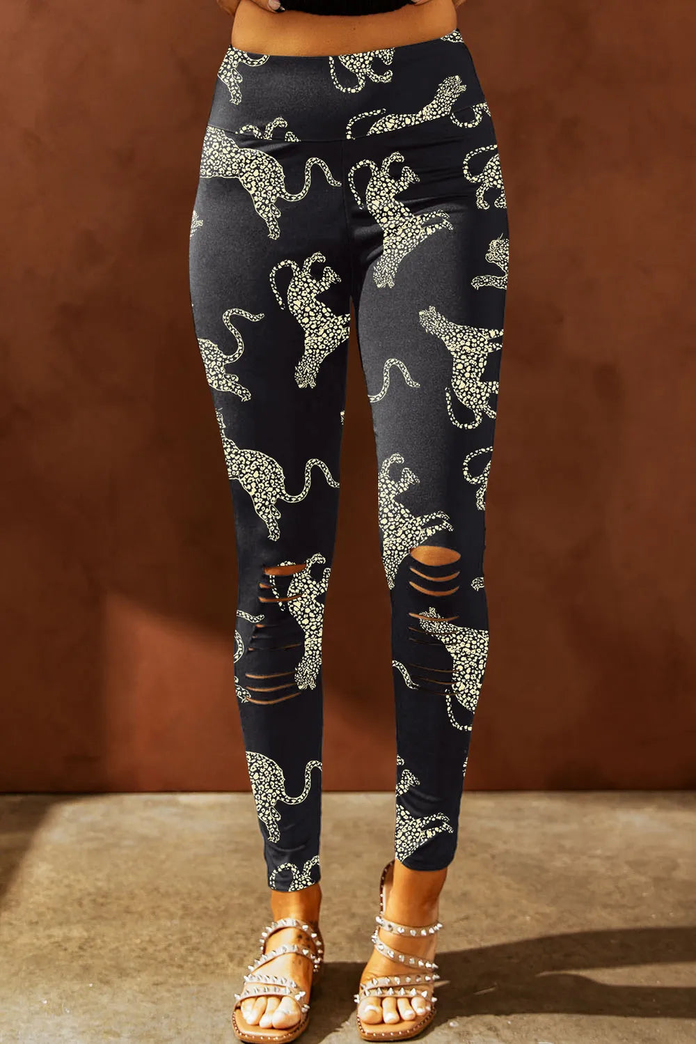 Animal print distressed high waist leggings women black leopard edgy activewear