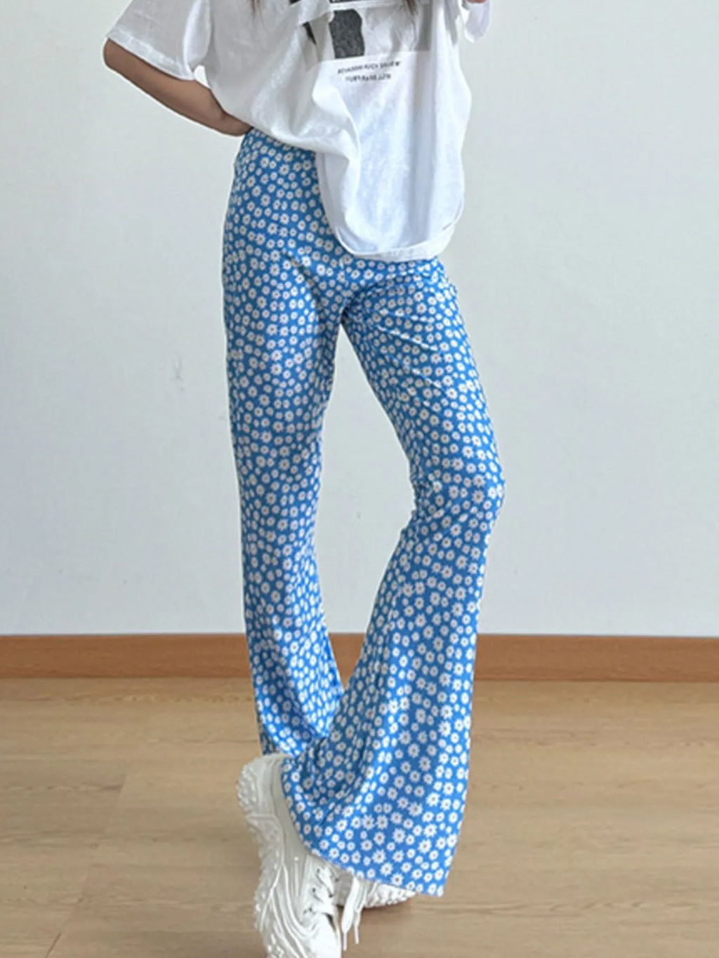 Floral Print Flare Leg Pants in Blue Flower – front view, flare-leg silhouette with dreamy floral print