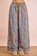 Women's floral printed drawstring wide-leg pants in denim – cotton blend boho trousers, sizes S to XL