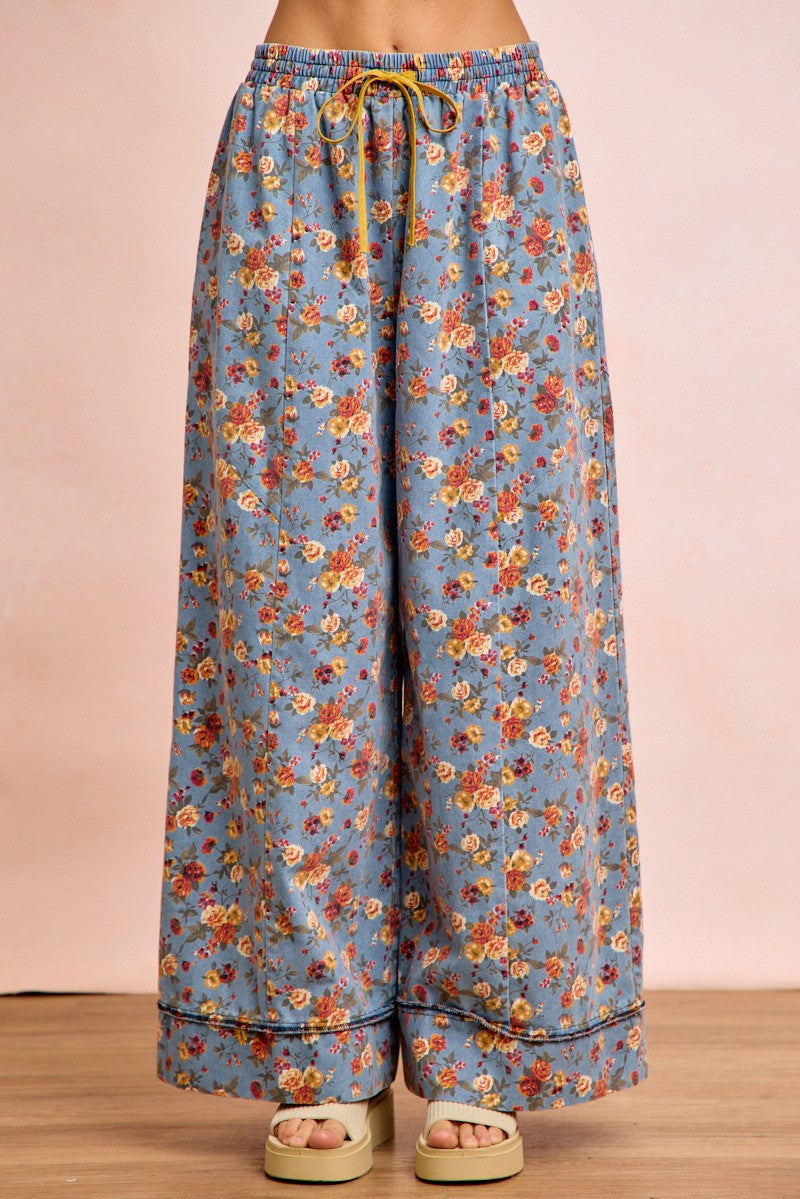 Women's floral printed drawstring wide-leg pants in denim – cotton blend boho trousers, sizes S to XL