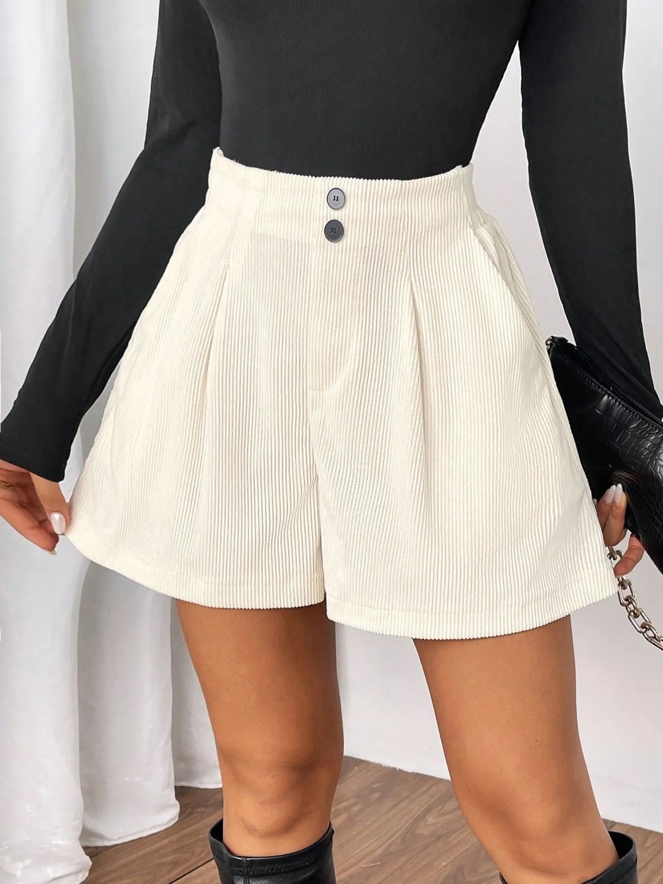 High waist corduroy shorts women white pocketed button detail front view