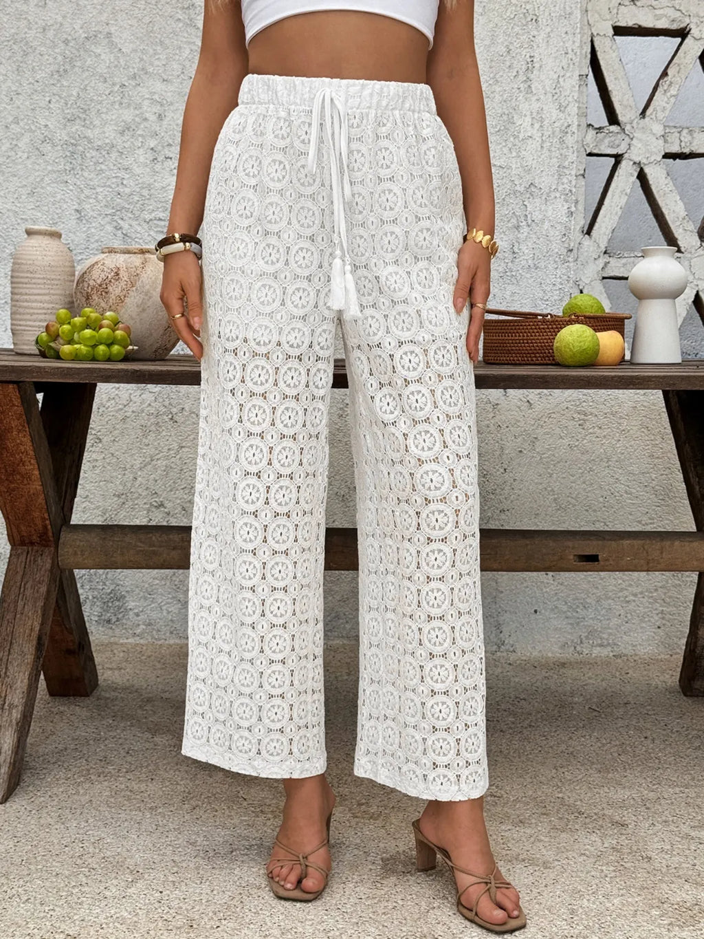 Women's white lace wide-leg pants with sheer mesh detail – cotton blend flowy trousers, sizes S to XL