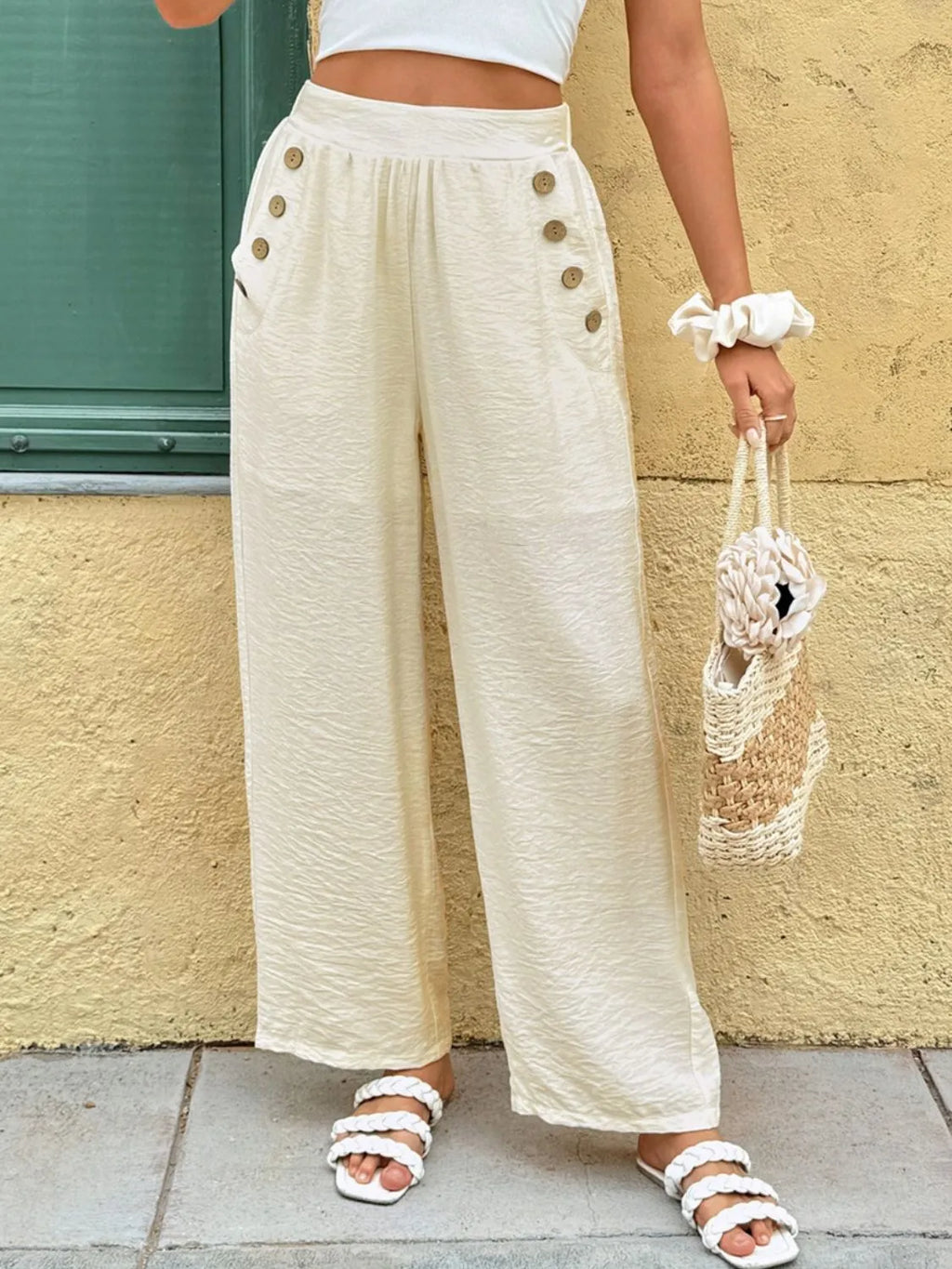 Women's cream wide leg pants with pockets and decorative button – viscose blend trousers, sizes S to XL