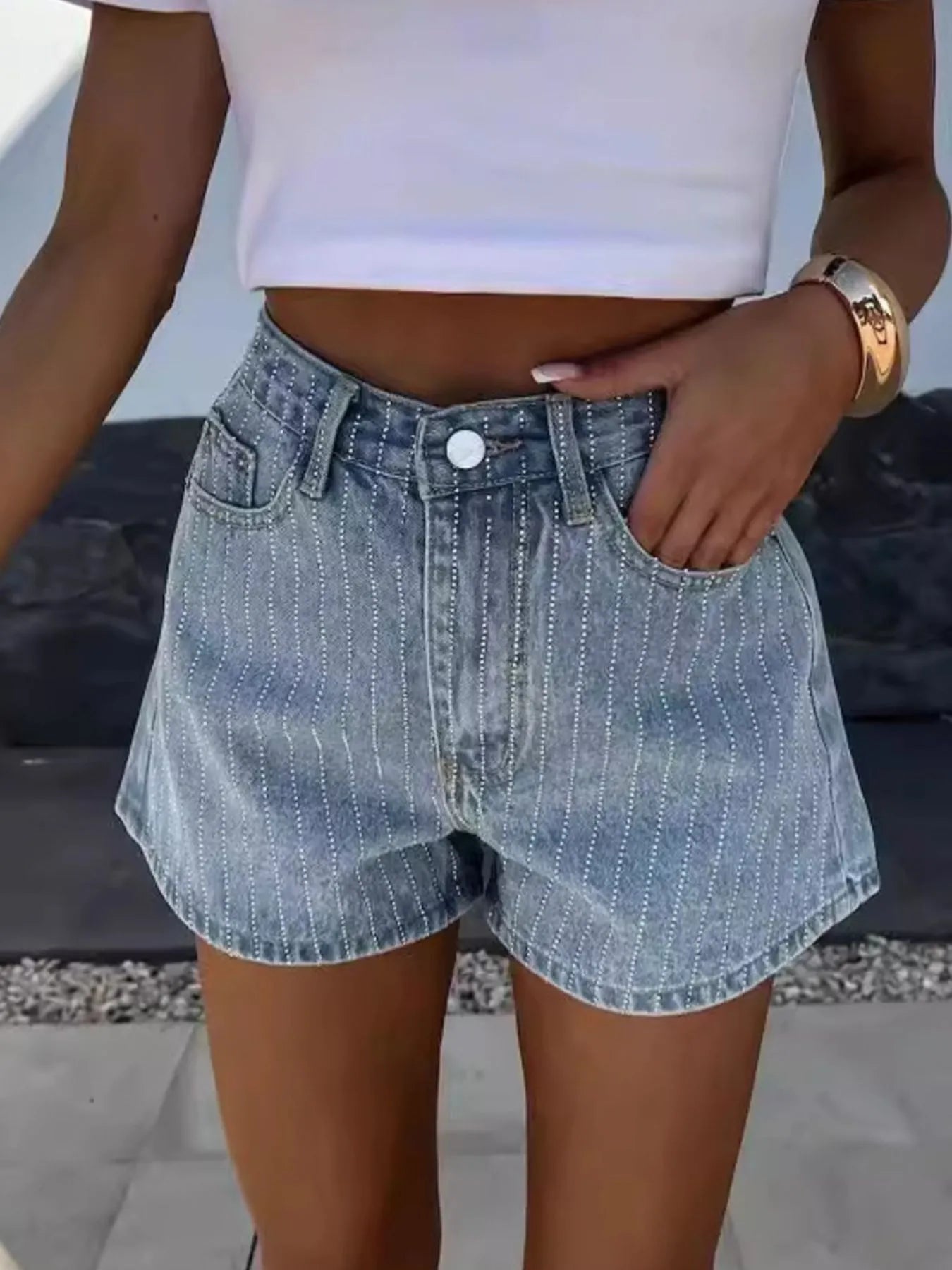 High waist denim shorts women denim blue classic wash button closure pockets front