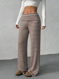 Striped Wide Leg Pants in Brown – front view, vertical stripe stretch wide-leg silhouette