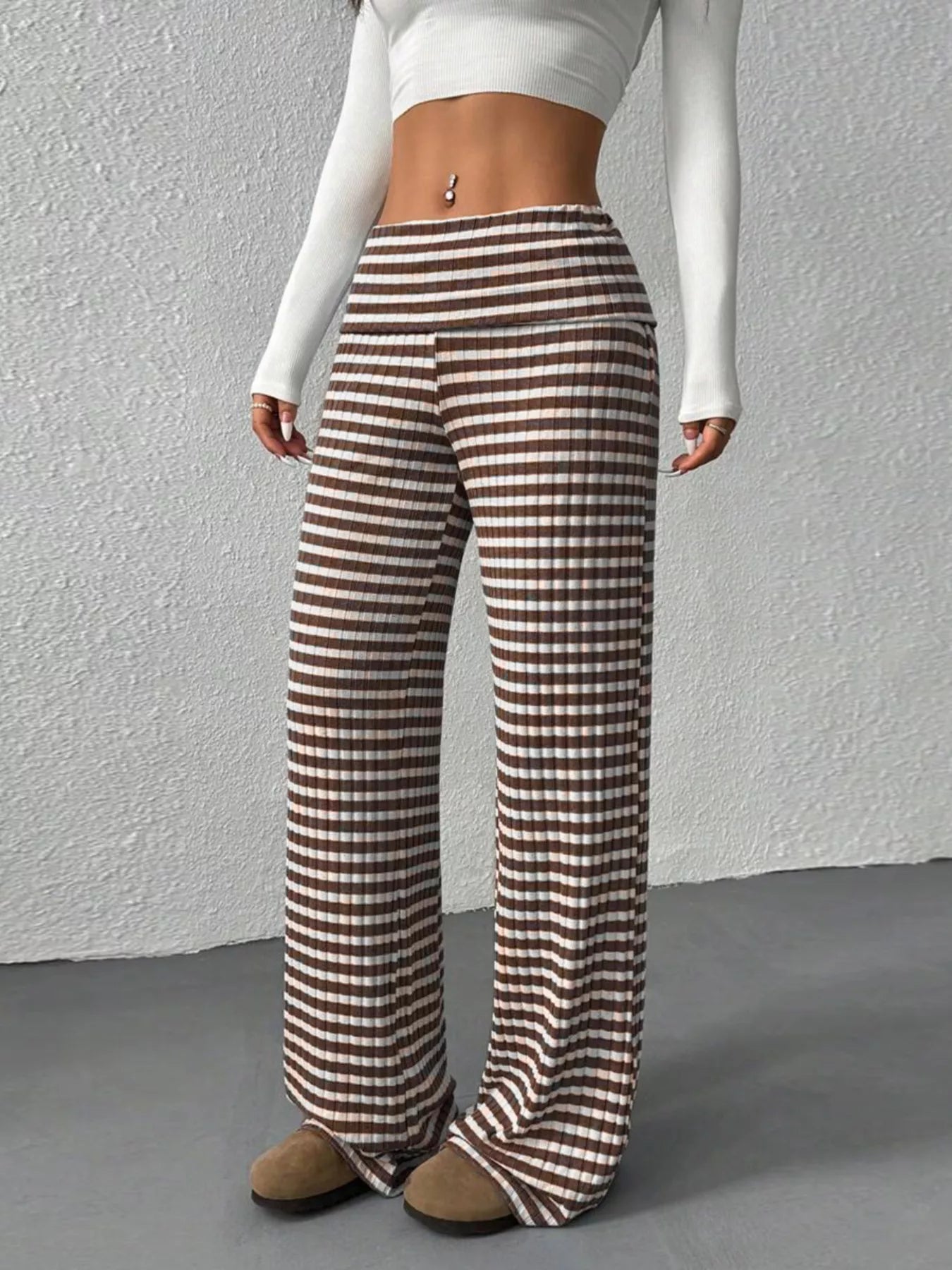 Striped Wide Leg Pants in Brown – front view, vertical stripe stretch wide-leg silhouette