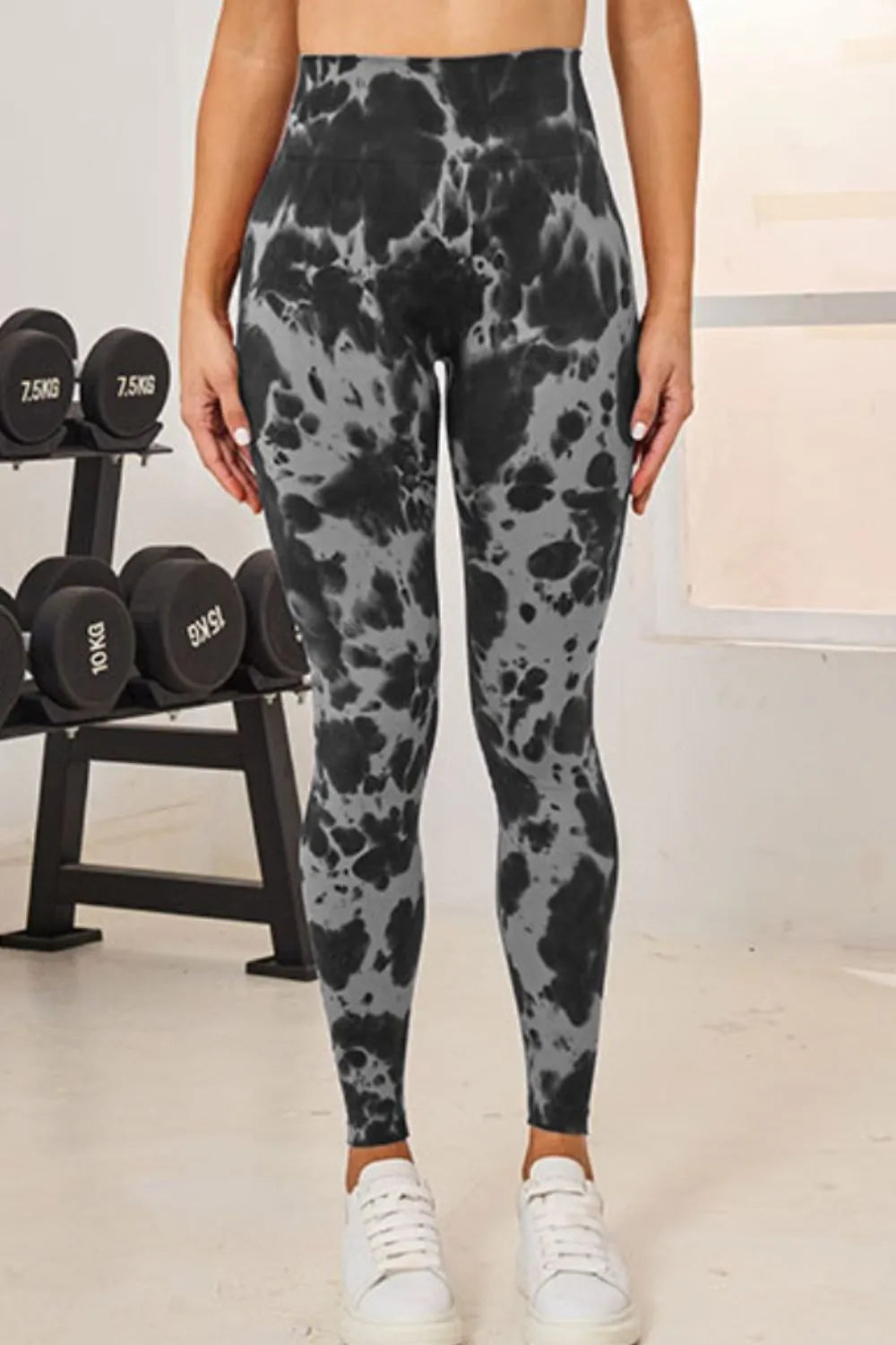 Women's tie-dye high waist active leggings in black – buttery soft nylon yoga pants, sizes S to L