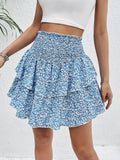 Smocked layered printed mini skirt women sky blue ruffled boho front view