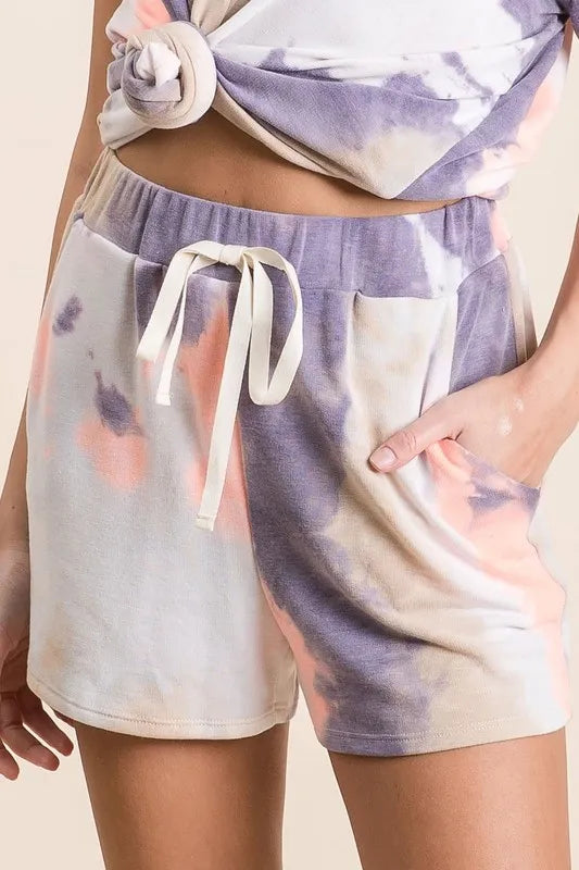 Tie dye terry shorts women lavender coral drawstring pocketed cotton lounge front
