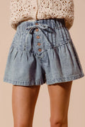 Flared denim shorts women paperbag waist drawstring washed jean shorts front
