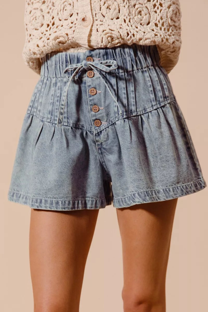 Flared denim shorts women paperbag waist drawstring washed jean shorts front