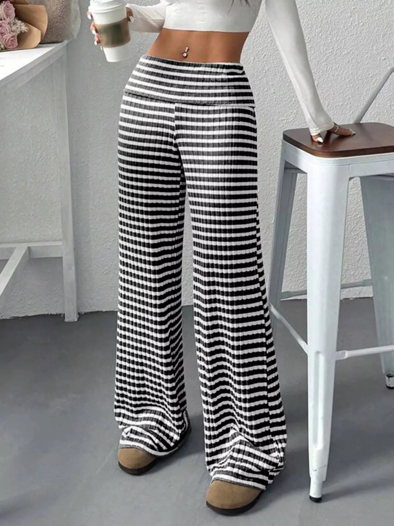 Striped Wide Leg Pants in Black – front view, vertical stripe stretch wide-leg silhouette