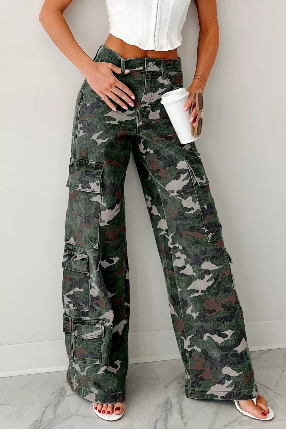 Women's Camo Print High Waist Cargo Pants – Pocketed Cotton Blend Trousers in Green Camouflage