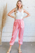 Satin leopard print joggers women pink luxe drawstring lounge pants front view